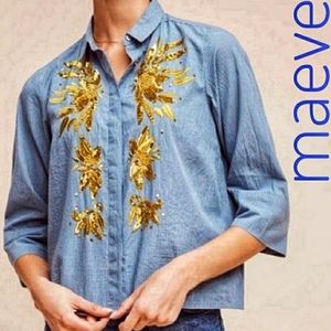 Maeve Anthropologie Blue Stripe Embroidered top